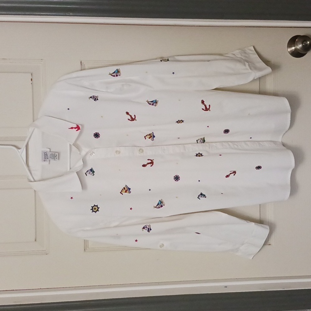 Teddies Vintage White  Blouse 2X sail boats